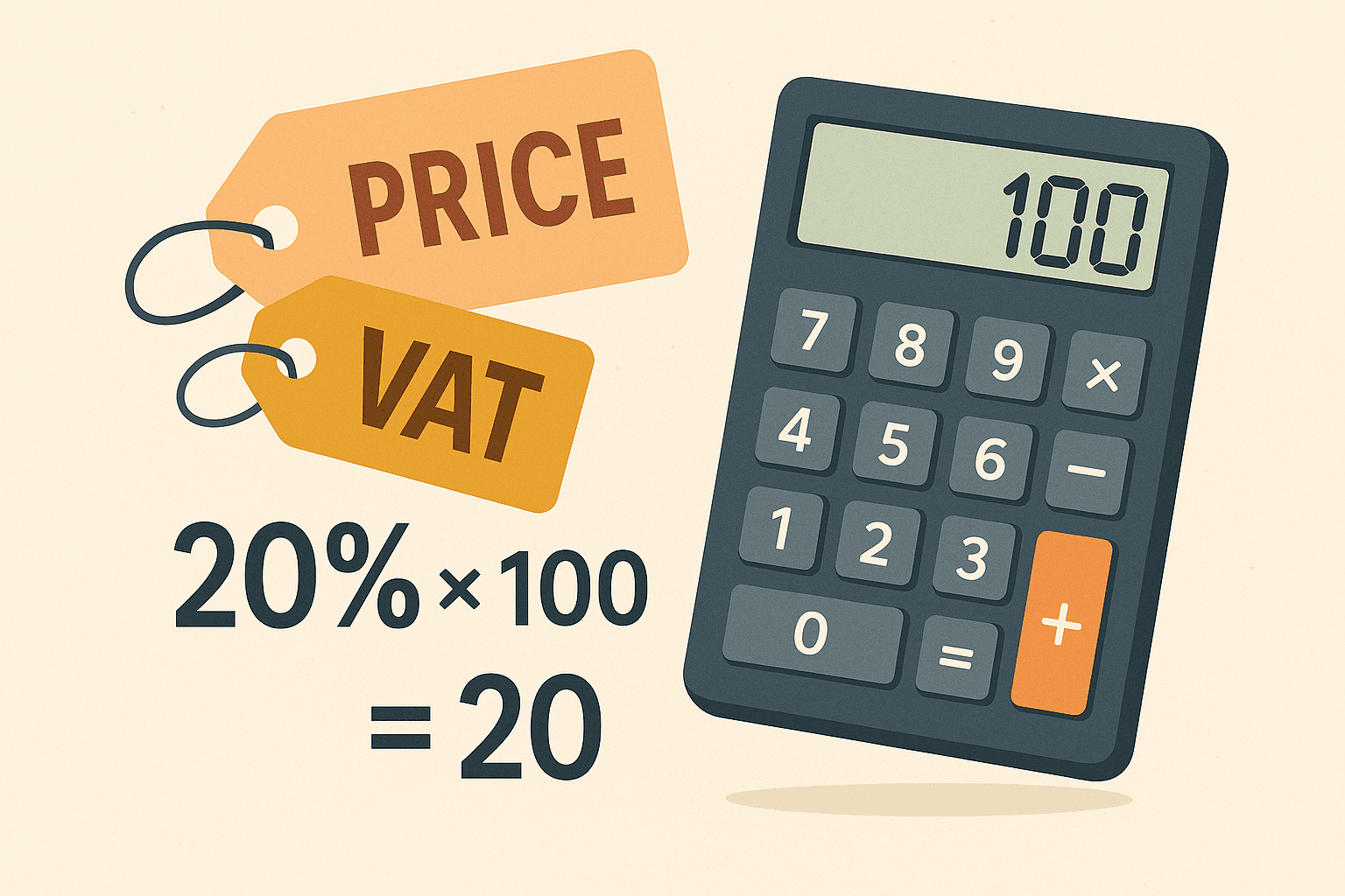 Illustration of a calculator and price tags representing VAT calculations